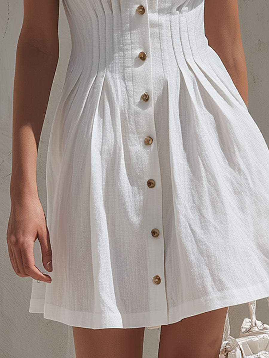 Laura - Minikleid lässig Retro aus Leinen mit Kragen und Knöpfen ärmellos