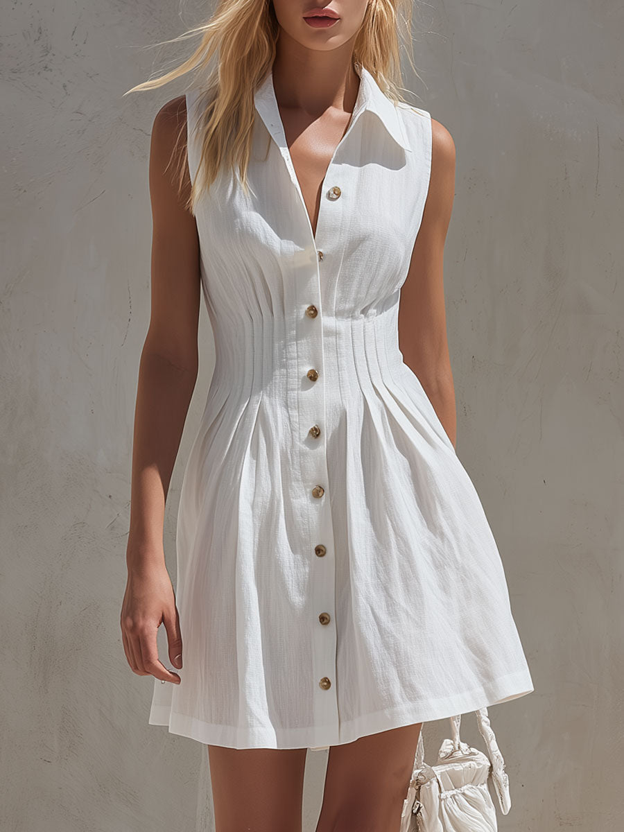 Laura - Minikleid lässig Retro aus Leinen mit Kragen und Knöpfen ärmellos