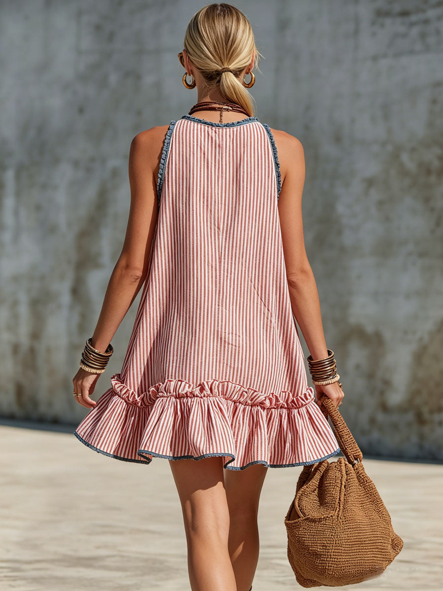 Hannah - Minikleid lässig Retro aus Leinen gestreift mit Volants ärmellos