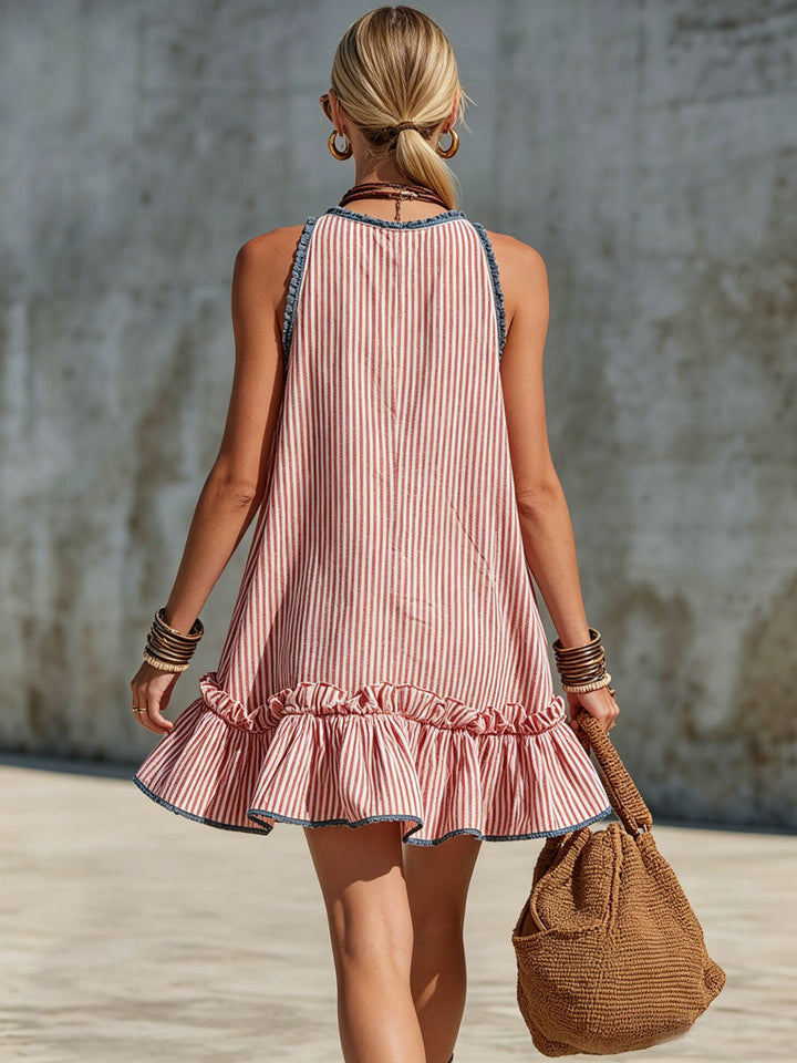 Hannah - Minikleid lässig Retro aus Leinen gestreift mit Volants ärmellos