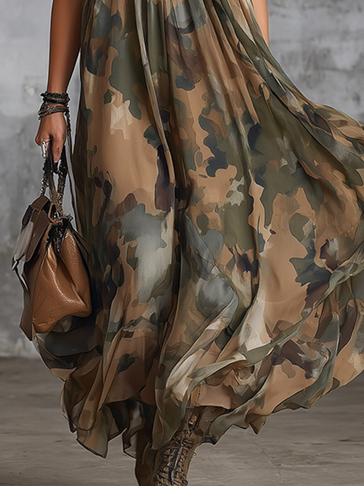 Isabel - Elegantes Maxikleid Western aus Chiffon Camouflage mit V-Ausschnitt und ärmellosem Schnitt