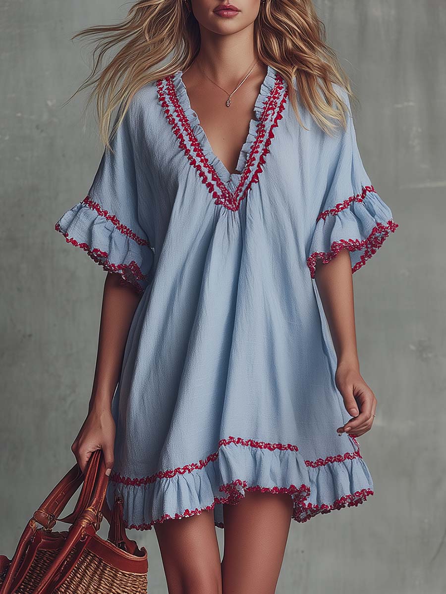 Franziska - Minikleid Western im Retro-Stil aus Leinen mit Volants und V-Ausschnitt