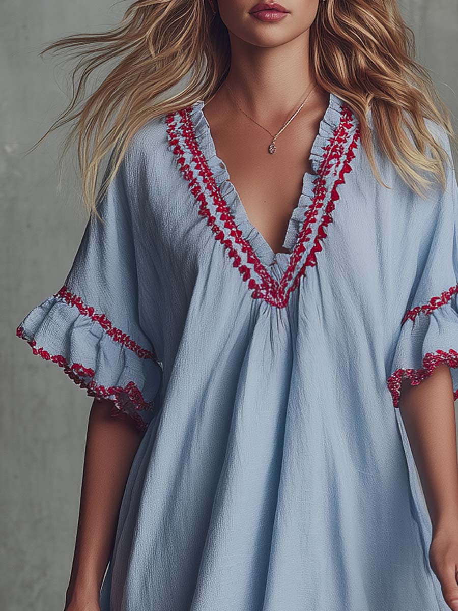 Franziska - Minikleid Western im Retro-Stil aus Leinen mit Volants und V-Ausschnitt