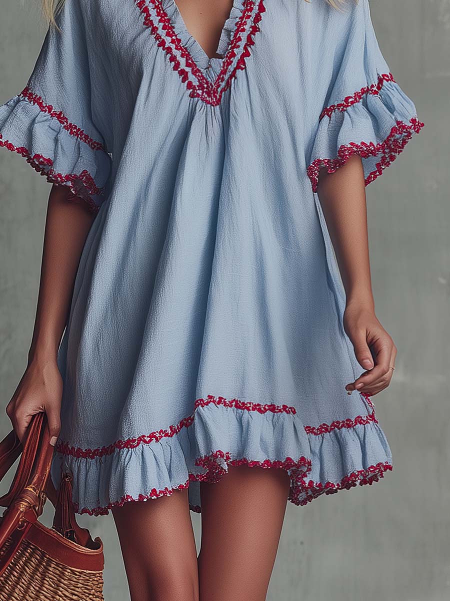 Franziska - Minikleid Western im Retro-Stil aus Leinen mit Volants und V-Ausschnitt