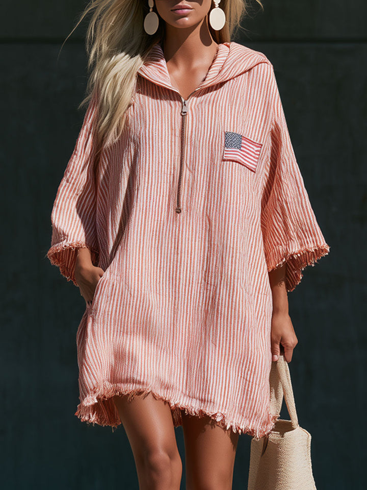 Edda - Minikleid sportlich im Retro-Stil aus Leinen gestreift mit Kapuze bestickt
