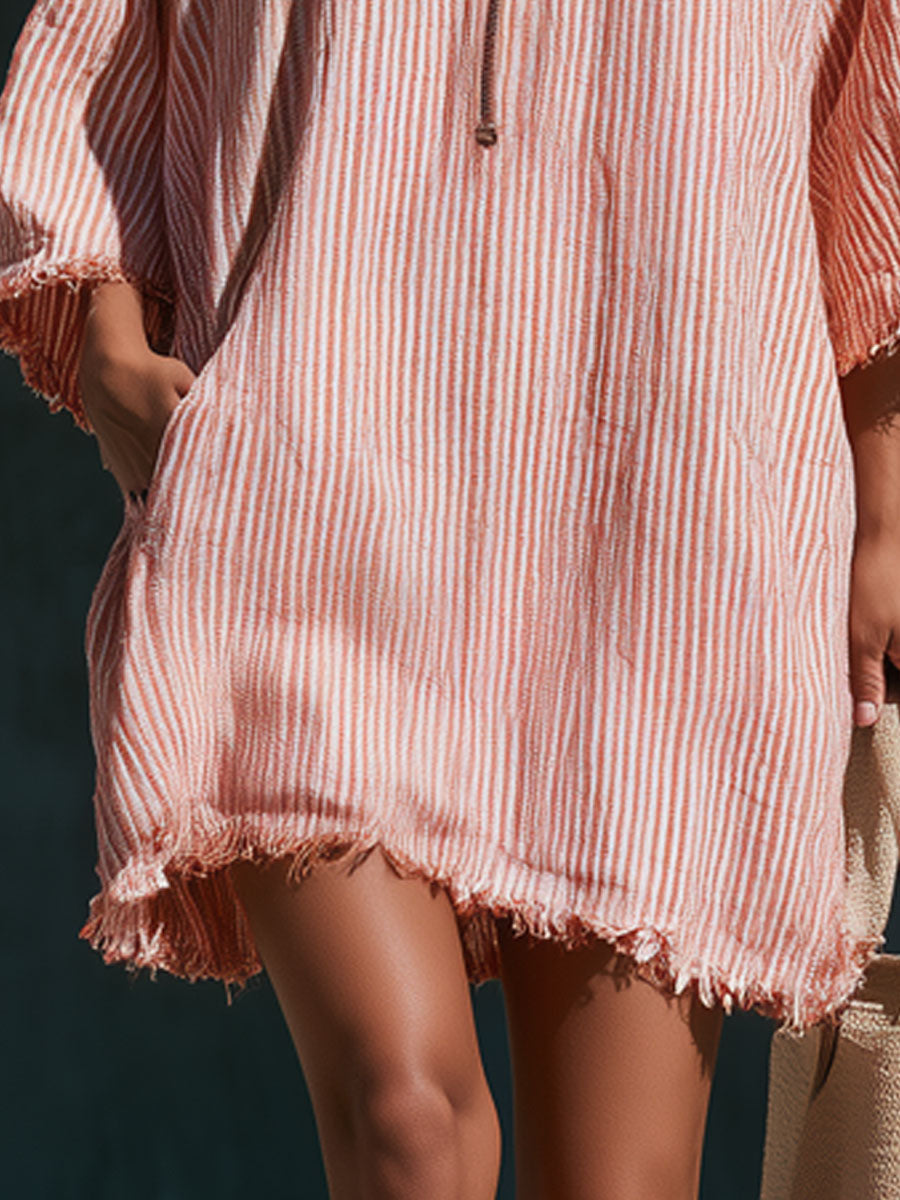 Edda - Minikleid sportlich im Retro-Stil aus Leinen gestreift mit Kapuze bestickt