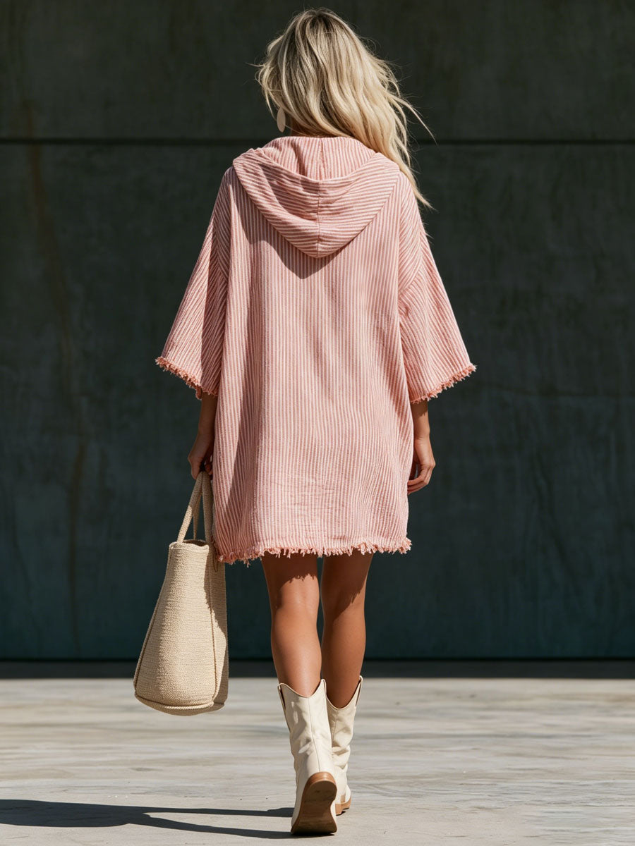 Edda - Minikleid sportlich im Retro-Stil aus Leinen gestreift mit Kapuze bestickt