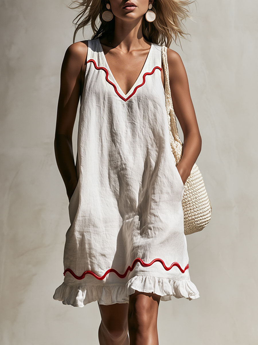 Malin - Minikleid lässig Retro aus Leinen mit Volants ärmellos