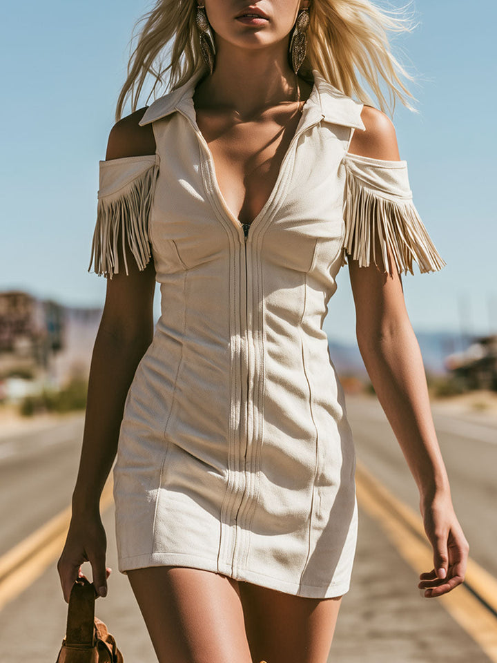 Adele - Minikleid Western im Retro-Stil aus Kunstwildleder mit Fransen und V-Ausschnitt mit Schnitt weich