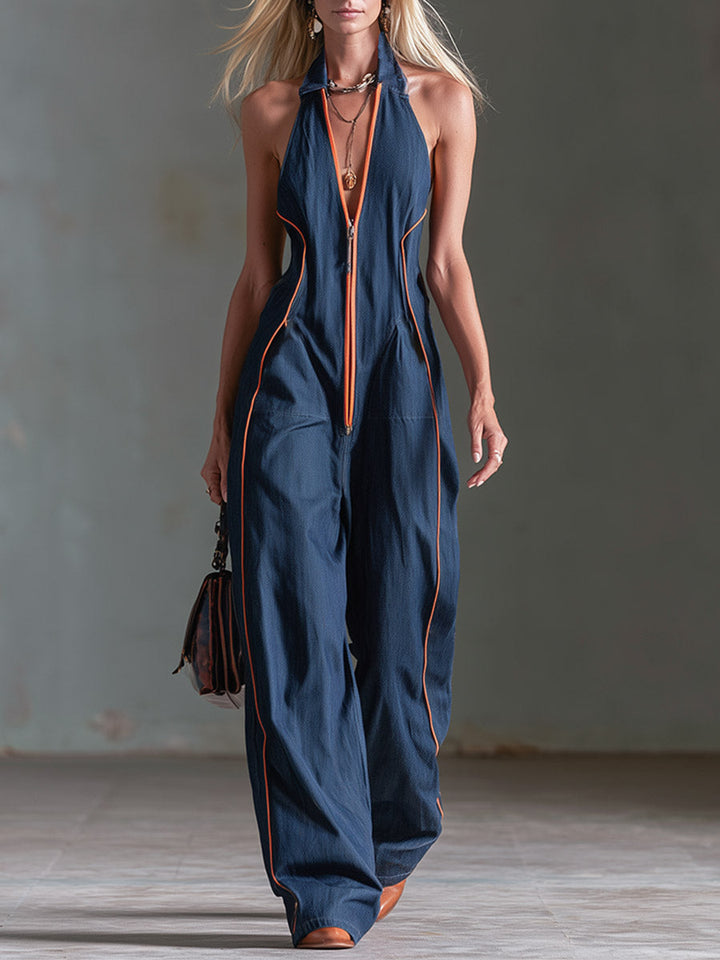 Hilde - Overall lässig Retro aus Jeansstoff mit V-Ausschnitt und ärmellosem Schnitt mit Linie feminin