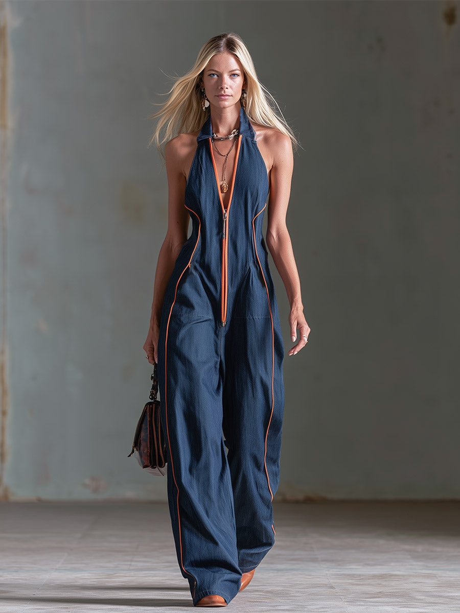 Hilde - Overall lässig Retro aus Jeansstoff mit V-Ausschnitt und ärmellosem Schnitt mit Linie feminin