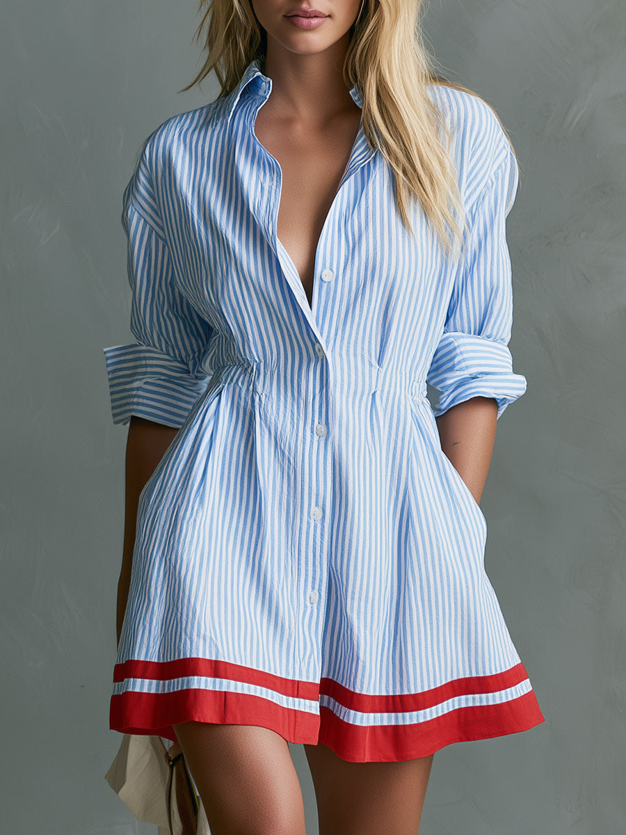 Jonna - Minikleid sportlich im Retro-Stil aus Leinen gestreift mit Kragen