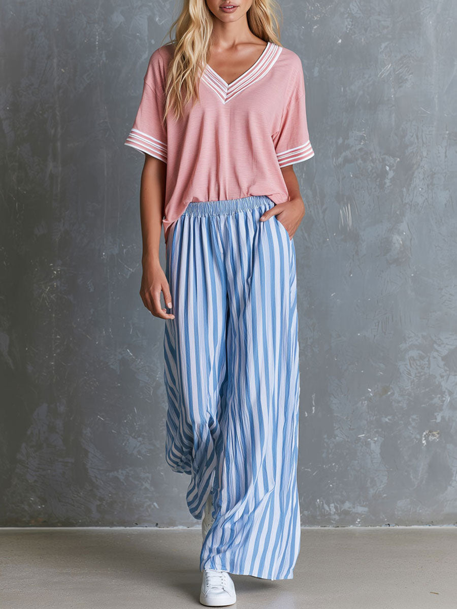 Anni - Ensemble mit shorts sportlich im Retro-Stil aus Leinen gestreift mit V-Ausschnitt