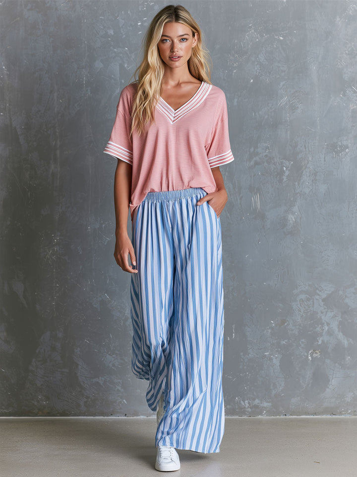 Anni - Ensemble mit shorts sportlich im Retro-Stil aus Leinen gestreift mit V-Ausschnitt