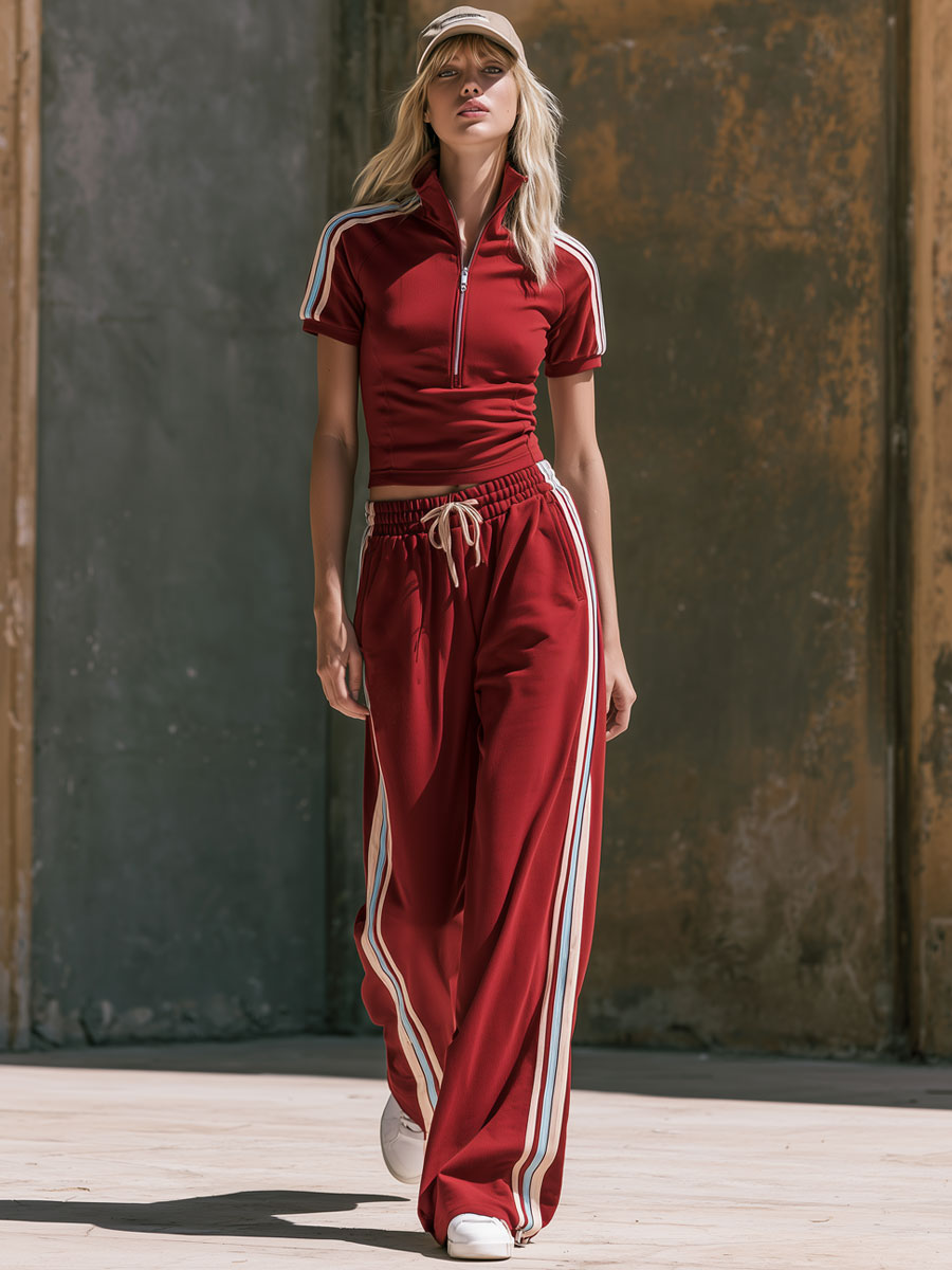 Jasmina - Ensemble mit shorts sportlich im Retro-Stil aus technischem Gewebe im Farbblock-Design mit Kragen