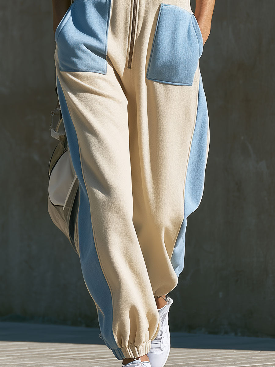 Janina - Overall sportlich im Retro-Stil aus technischem Gewebe im Farbblock-Design mit Reißverschluss und Kapuze