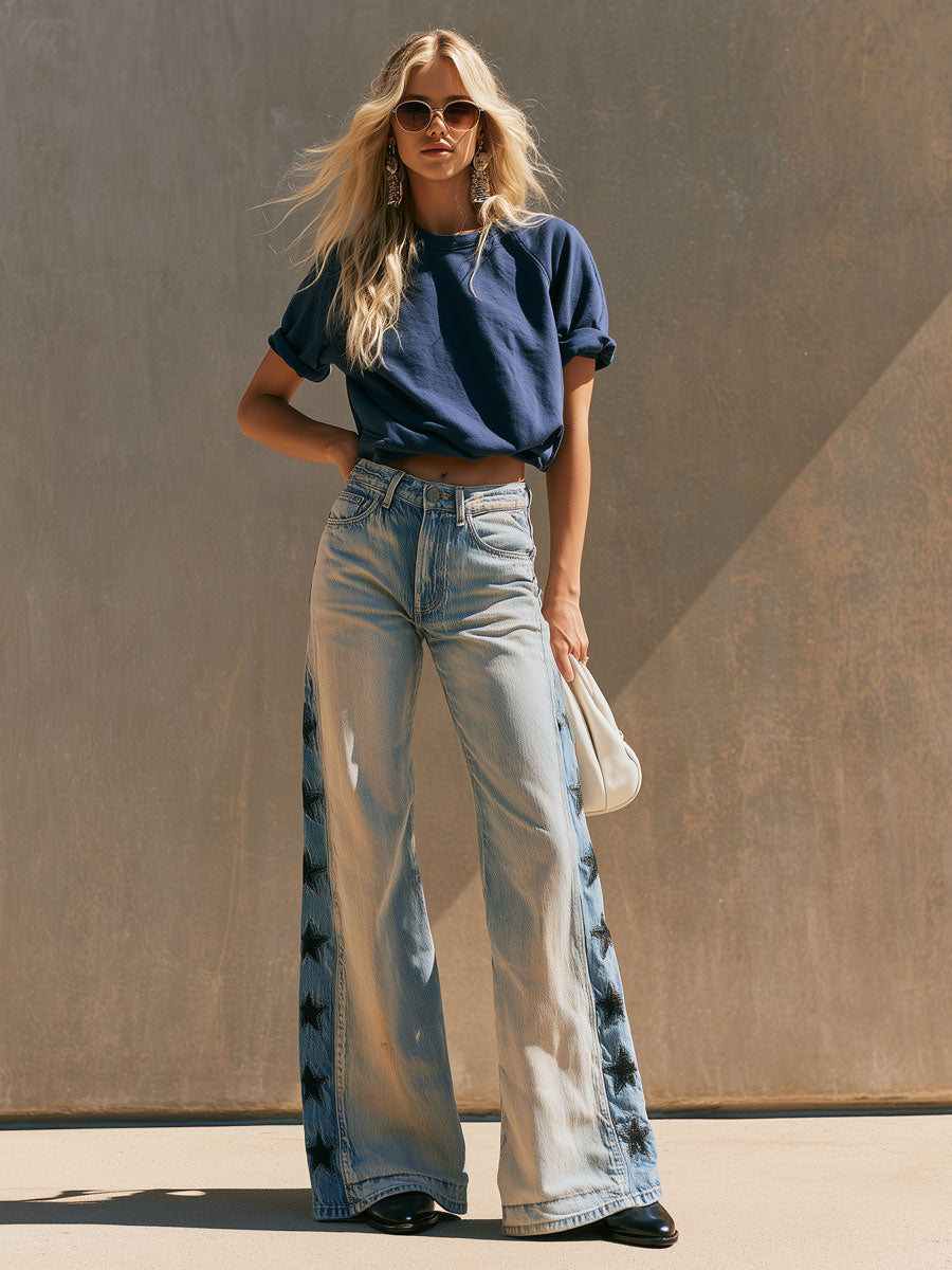 Ava - Hose lässig Retro aus Jeansstoff mit Sternen bestickt