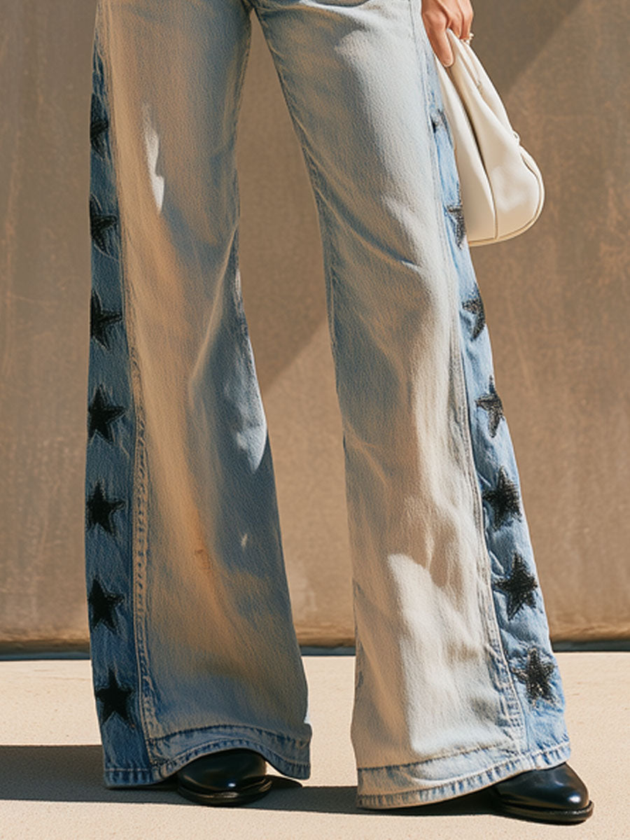 Ava - Hose lässig Retro aus Jeansstoff mit Sternen bestickt