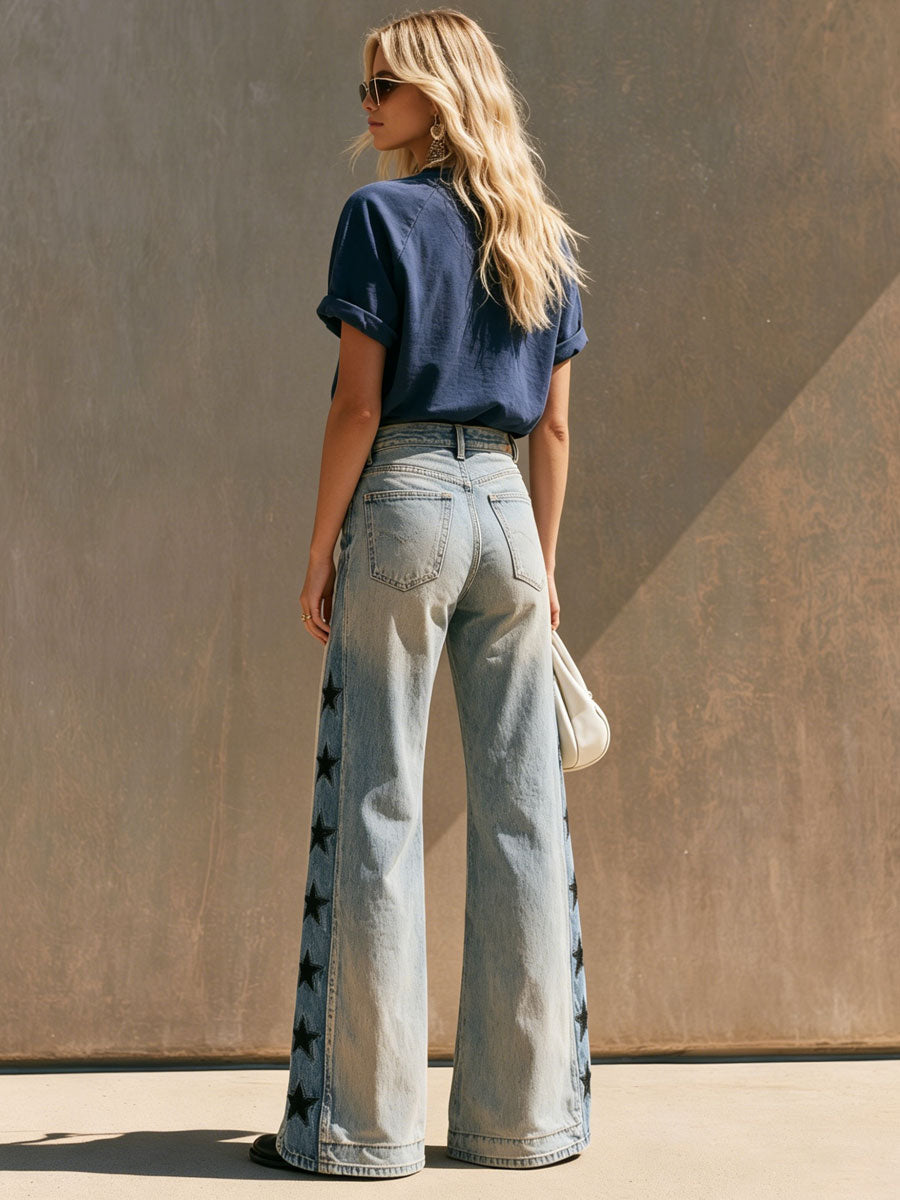 Ava - Hose lässig Retro aus Jeansstoff mit Sternen bestickt