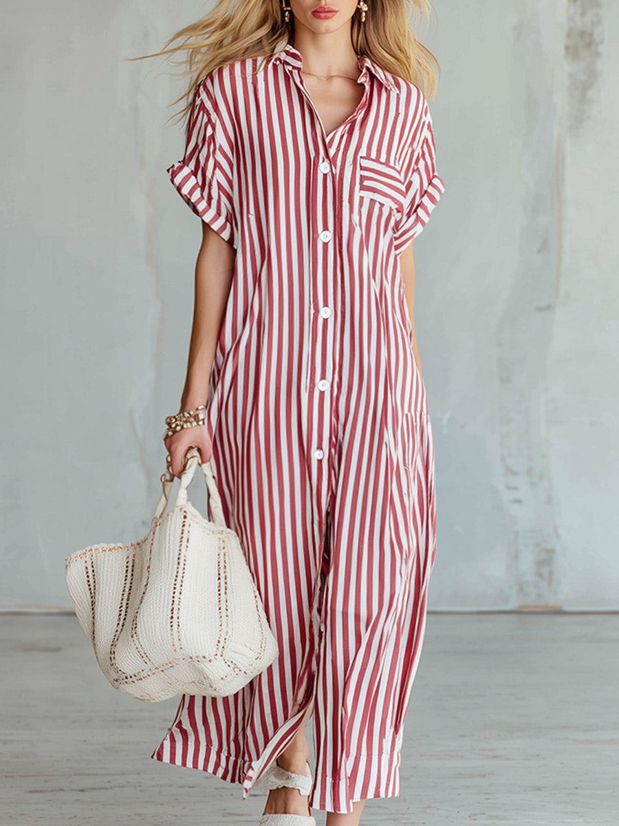 Saskia - Maxikleid lässig Retro aus technischem Gewebe gestreift