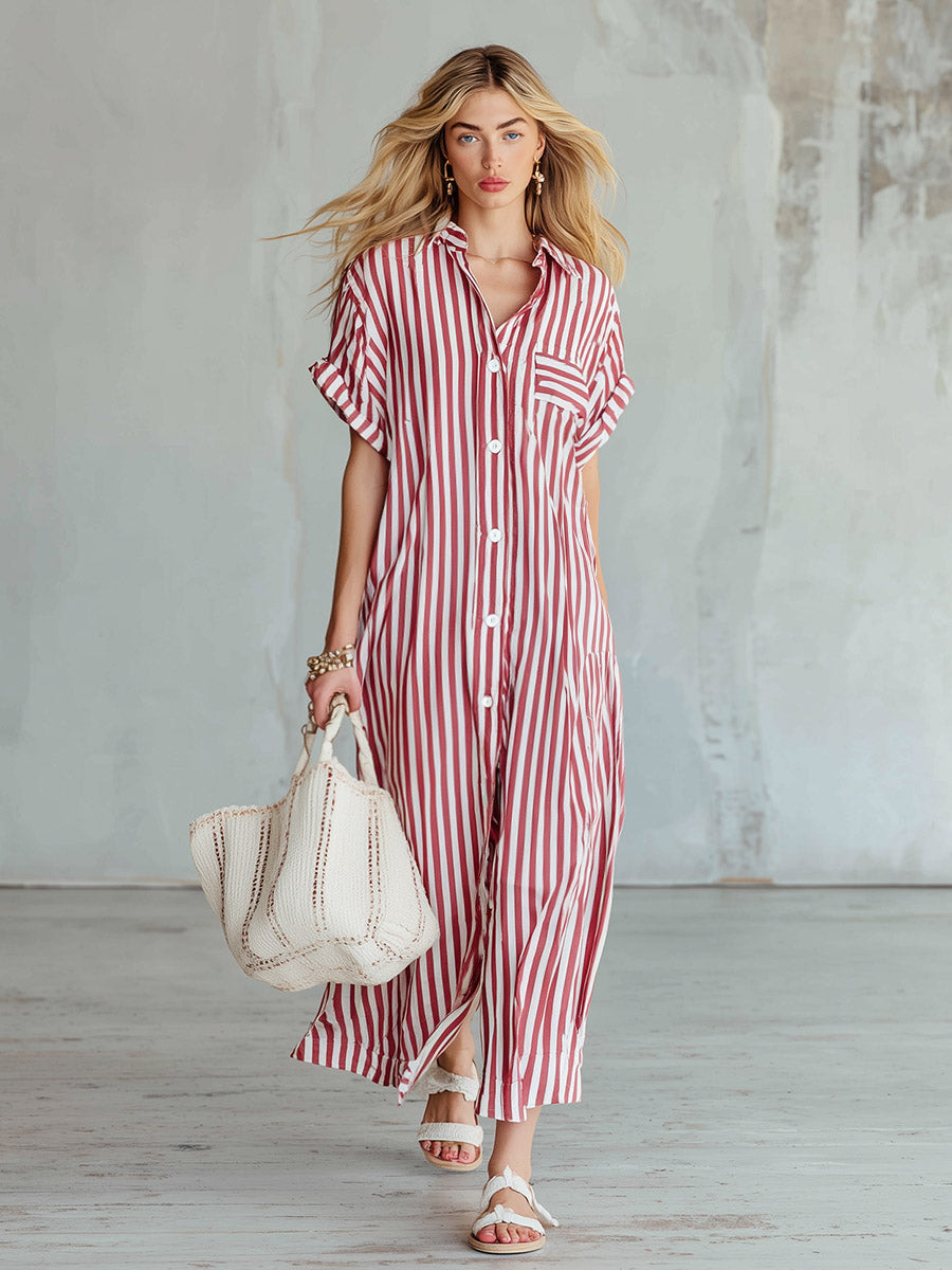 Saskia - Maxikleid lässig Retro aus technischem Gewebe gestreift