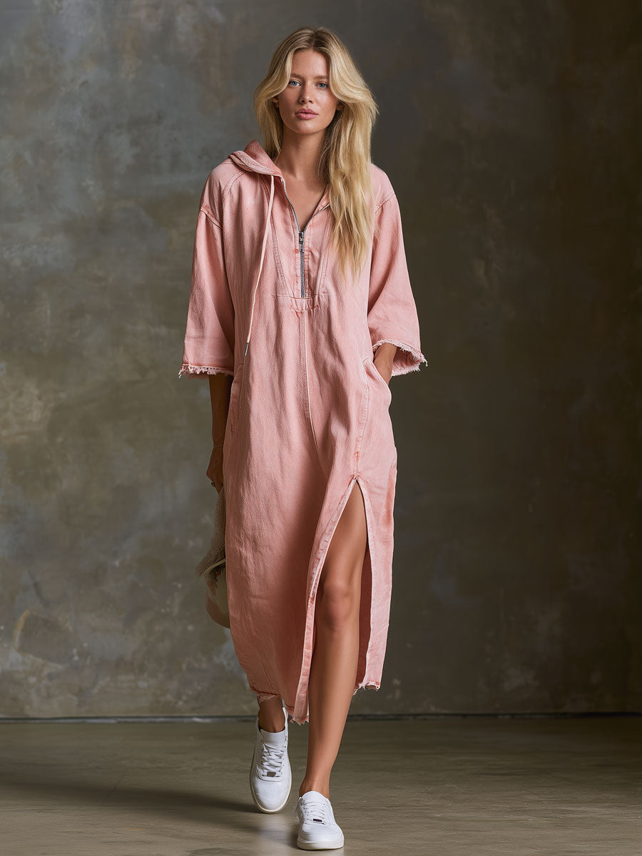 Sigrid - Midikleid lässig Retro aus Jeansstoff mit Reißverschluss und V-Ausschnitt