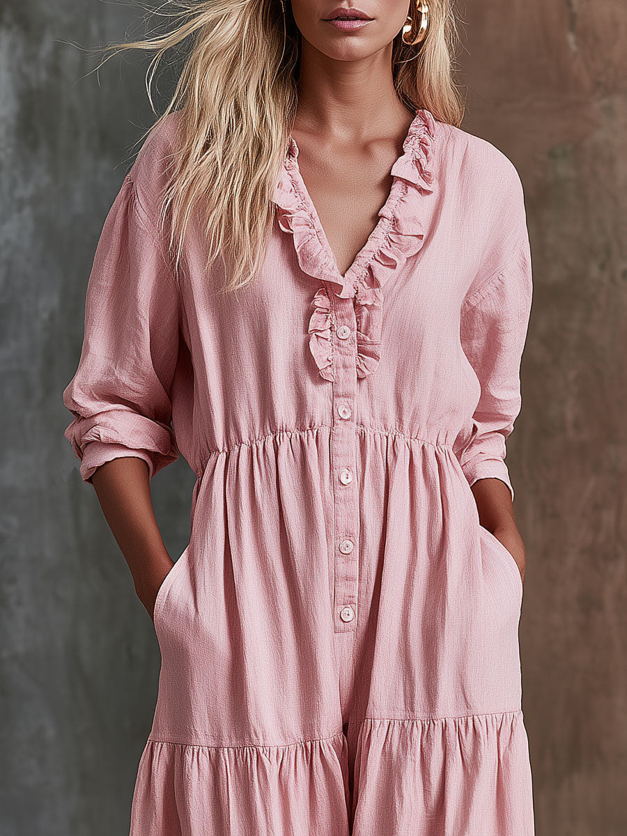 Mina - Overall sportlich im Retro-Stil aus Leinen mit Volants und V-Ausschnitt
