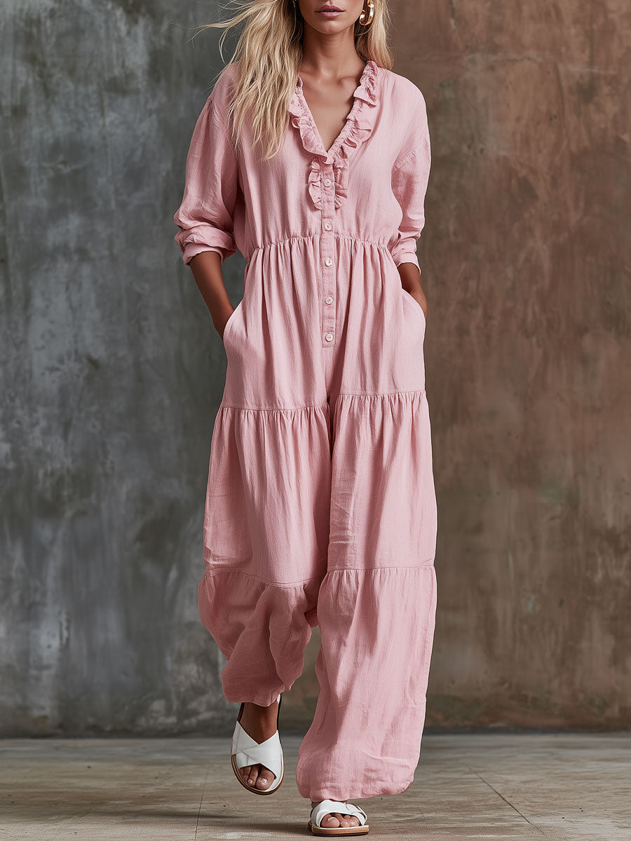 Mina - Overall sportlich im Retro-Stil aus Leinen mit Volants und V-Ausschnitt