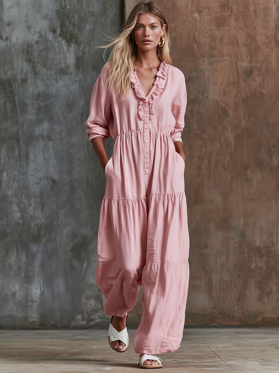 Mina - Overall sportlich im Retro-Stil aus Leinen mit Volants und V-Ausschnitt