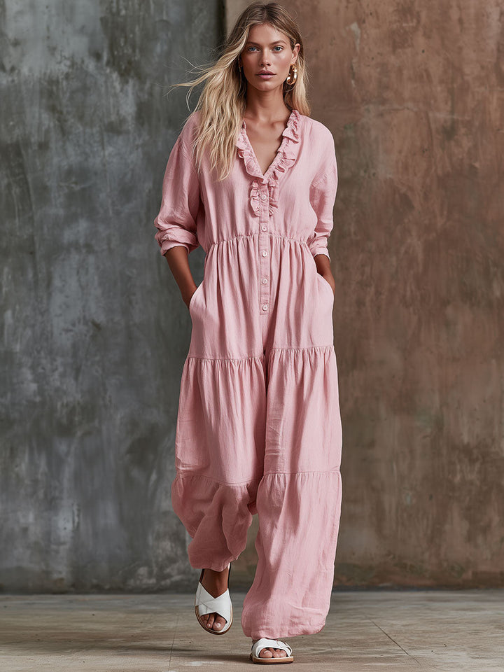 Mina - Overall sportlich im Retro-Stil aus Leinen mit Volants und V-Ausschnitt