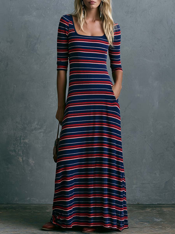 Hilda - Maxikleid Retro Boho aus Strick gestreift mit Kragen