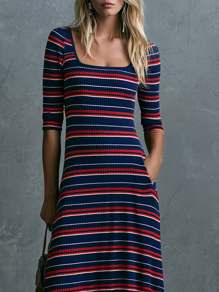Hilda - Maxikleid Retro Boho aus Strick gestreift mit Kragen