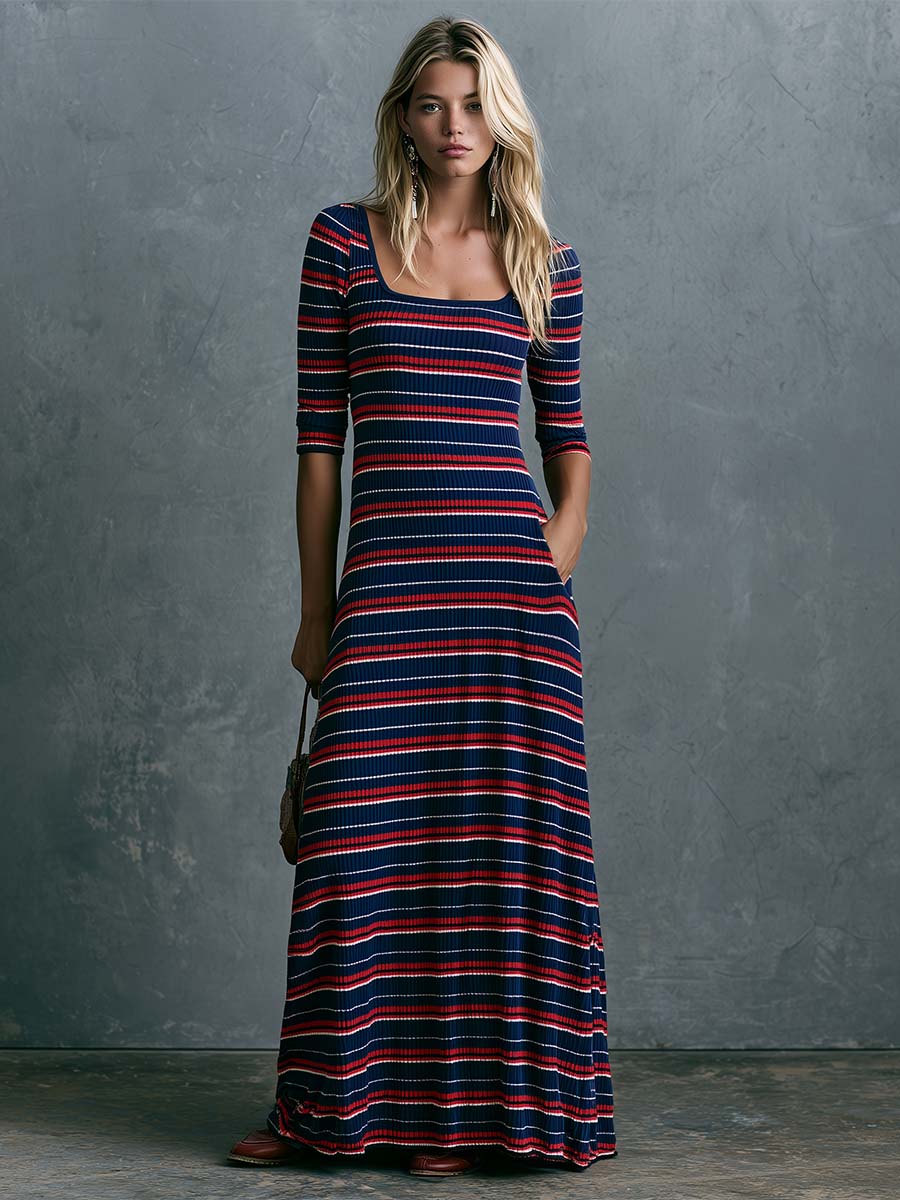 Hilda - Maxikleid Retro Boho aus Strick gestreift mit Kragen