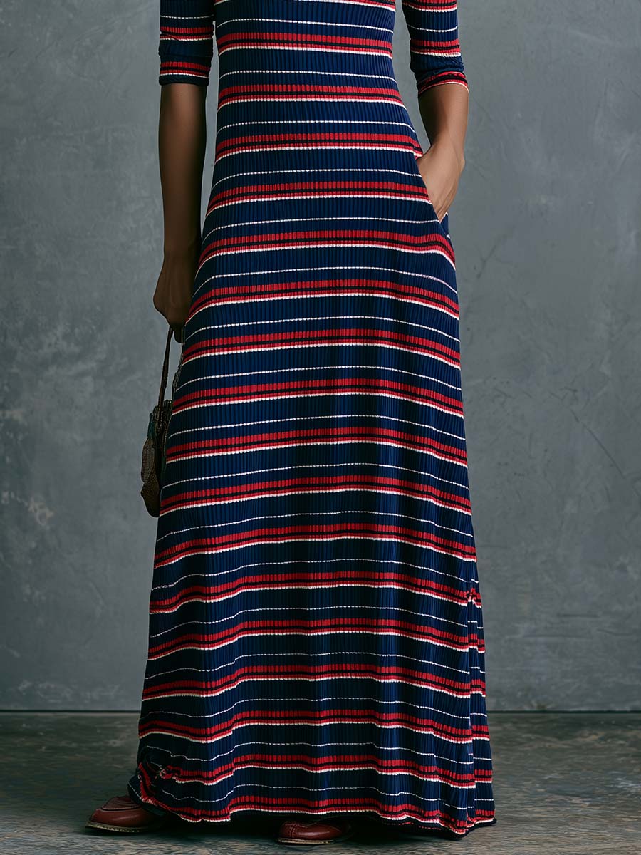 Hilda - Maxikleid Retro Boho aus Strick gestreift mit Kragen