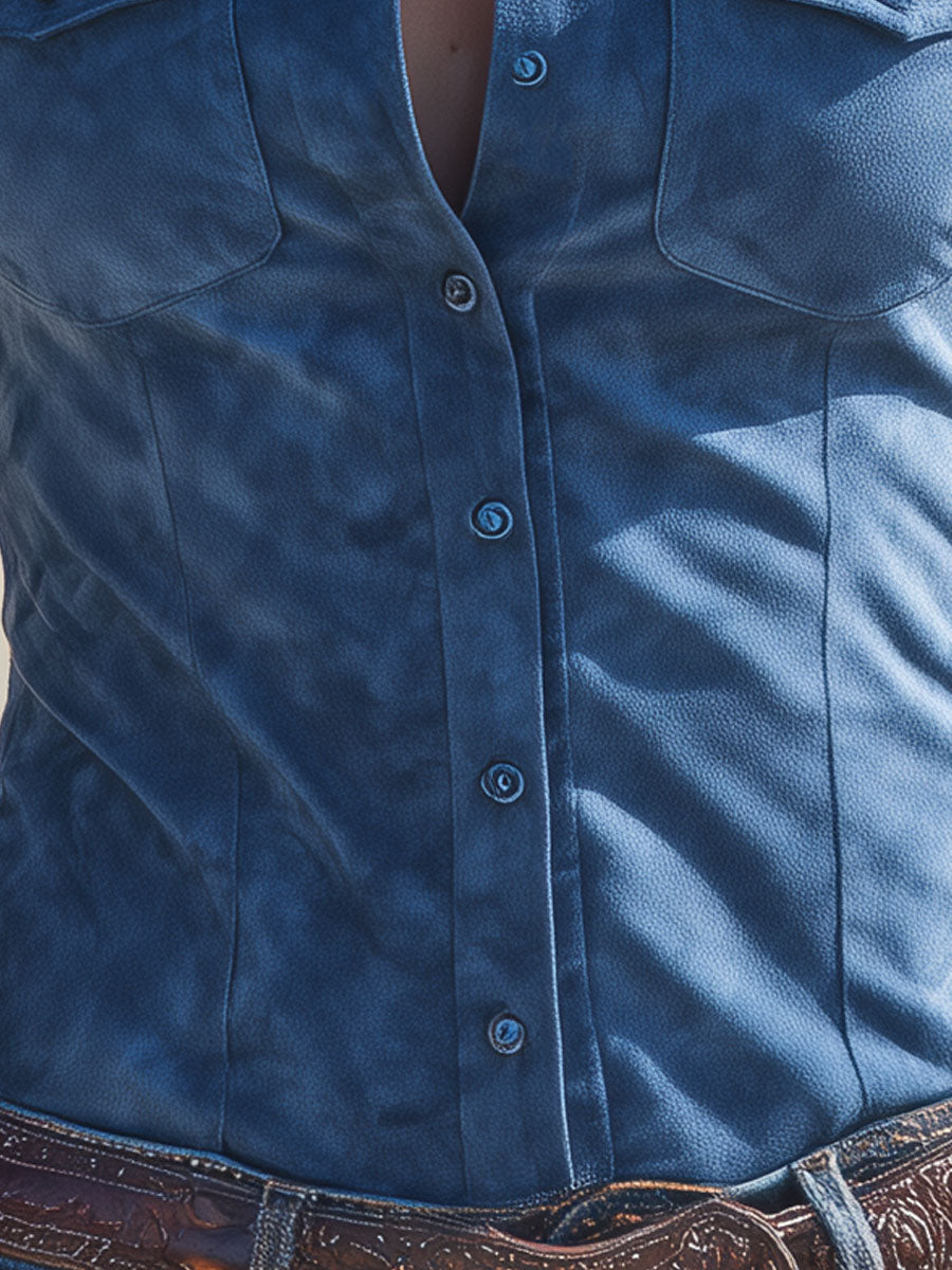 Fiona - Bluse Western im Retro-Stil aus Kunstwildleder mit Kragen bestickt
