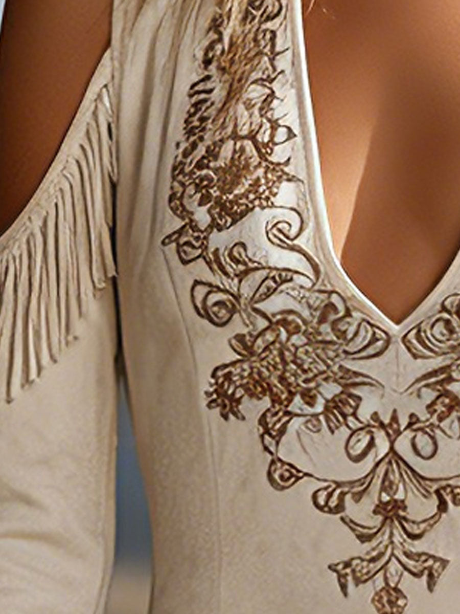 Felicitas - Minikleid Western im Retro-Stil aus Kunstwildleder mit Fransen und V-Ausschnitt bestickt mit Linie feminin