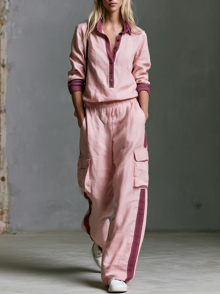 Nadja - Lässiges Hosen-Ensemble Retro aus Leinen im Farbblock-Design mit Kragen