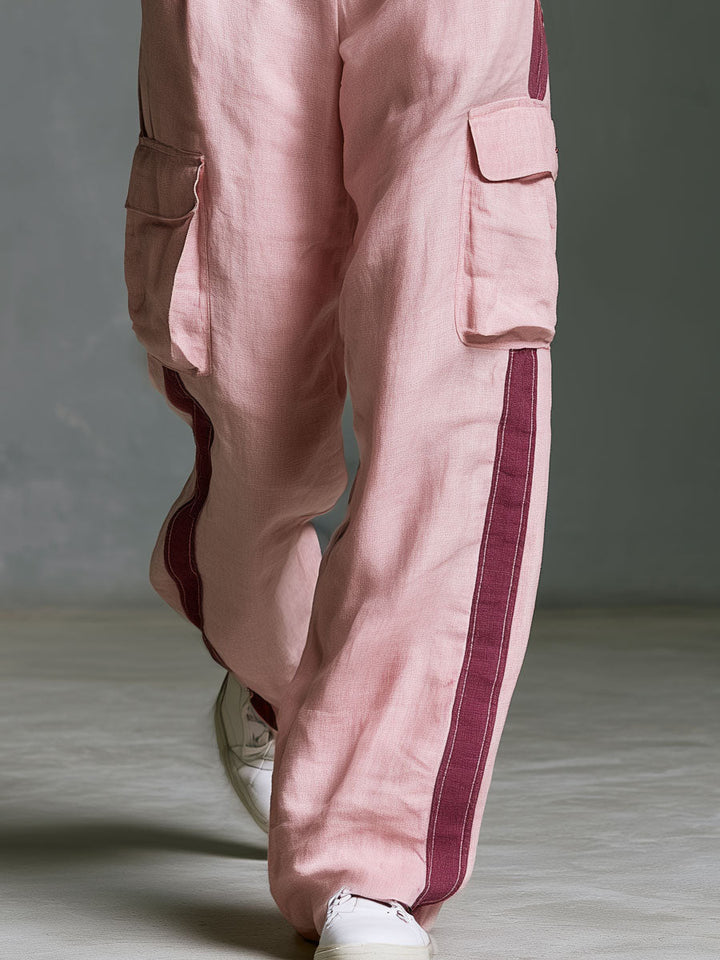 Nadja - Lässiges Hosen-Ensemble Retro aus Leinen im Farbblock-Design mit Kragen