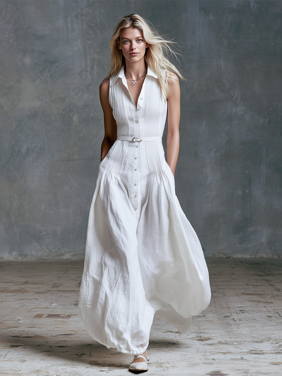 Tina - Elegantes Maxikleid sportlich aus Leinen mit Kragen ärmellos
