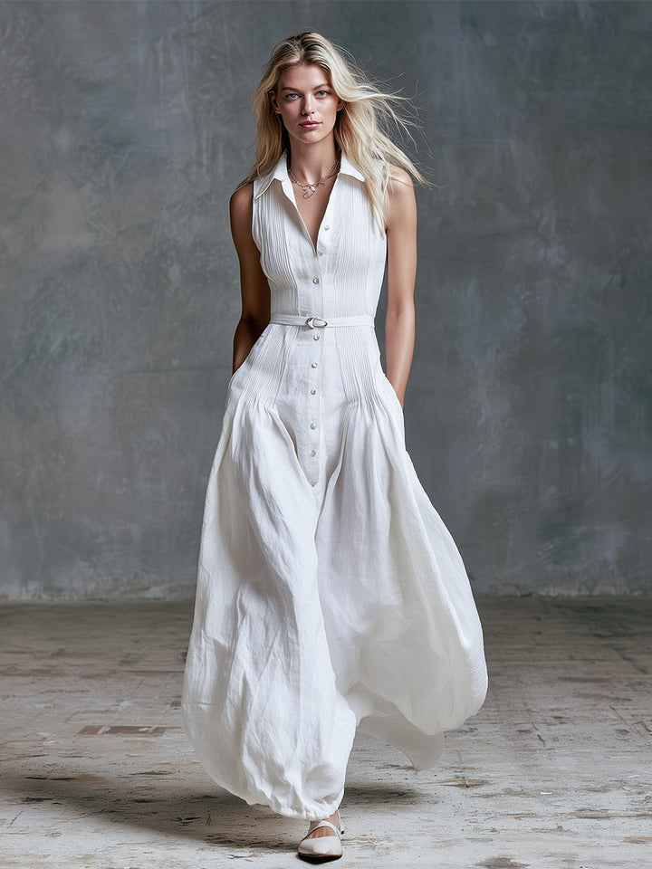Tina - Elegantes Maxikleid sportlich aus Leinen mit Kragen ärmellos