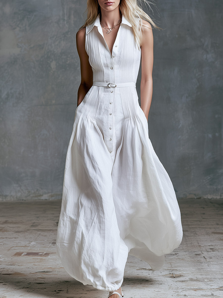 Tina - Elegantes Maxikleid sportlich aus Leinen mit Kragen ärmellos