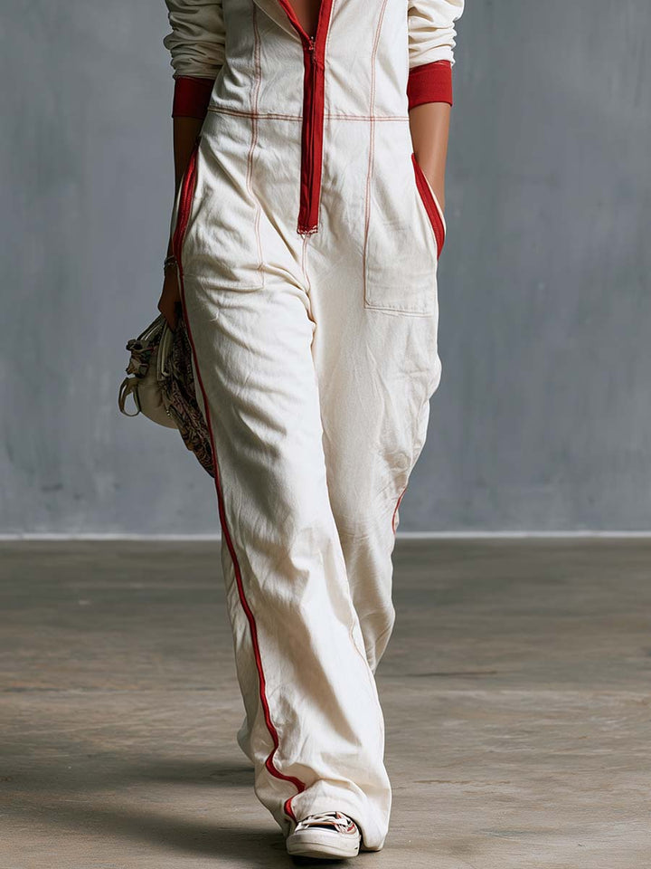 Magdalena - Overall lässig Retro aus Leinen im Farbblock-Design mit Reißverschluss und Kragen