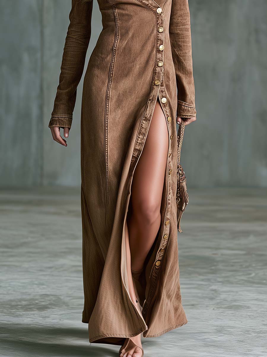 Viktoria - Maxikleid Western im Retro-Stil aus Jeansstoff mit V-Ausschnitt und Schlitz