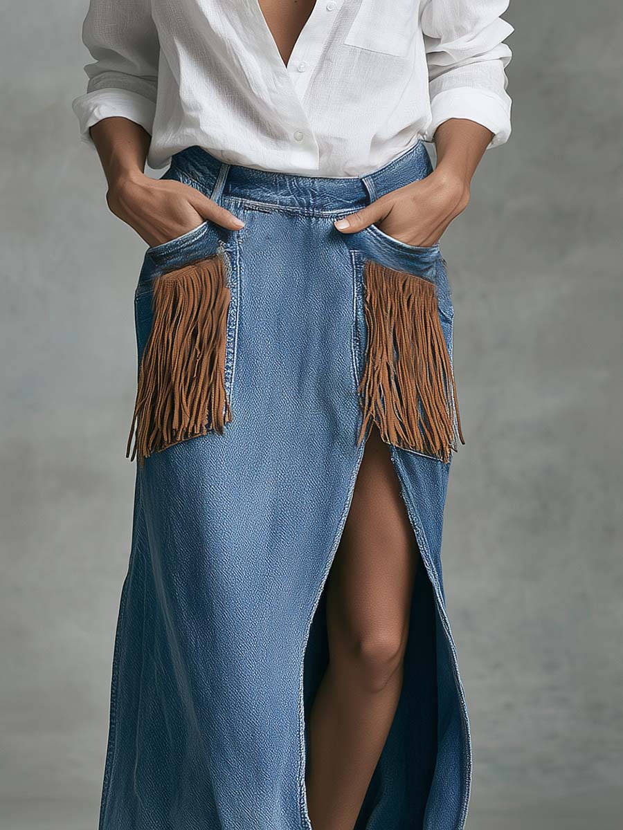 Svea - Maxikleid Western im Retro-Stil aus Jeansstoff mit Fransen und Schlitz