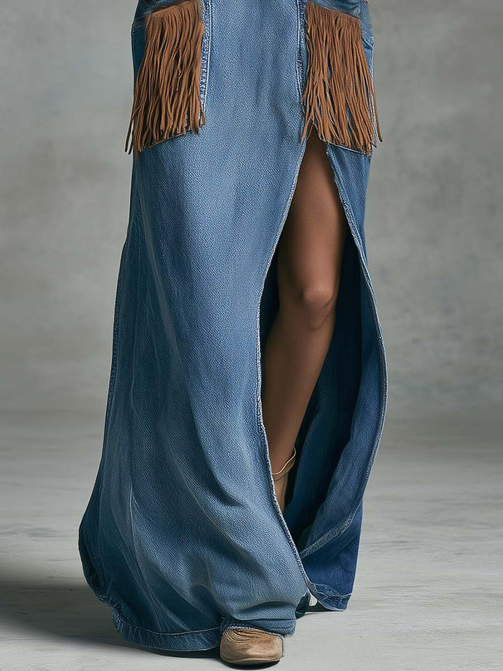 Svea - Maxikleid Western im Retro-Stil aus Jeansstoff mit Fransen und Schlitz