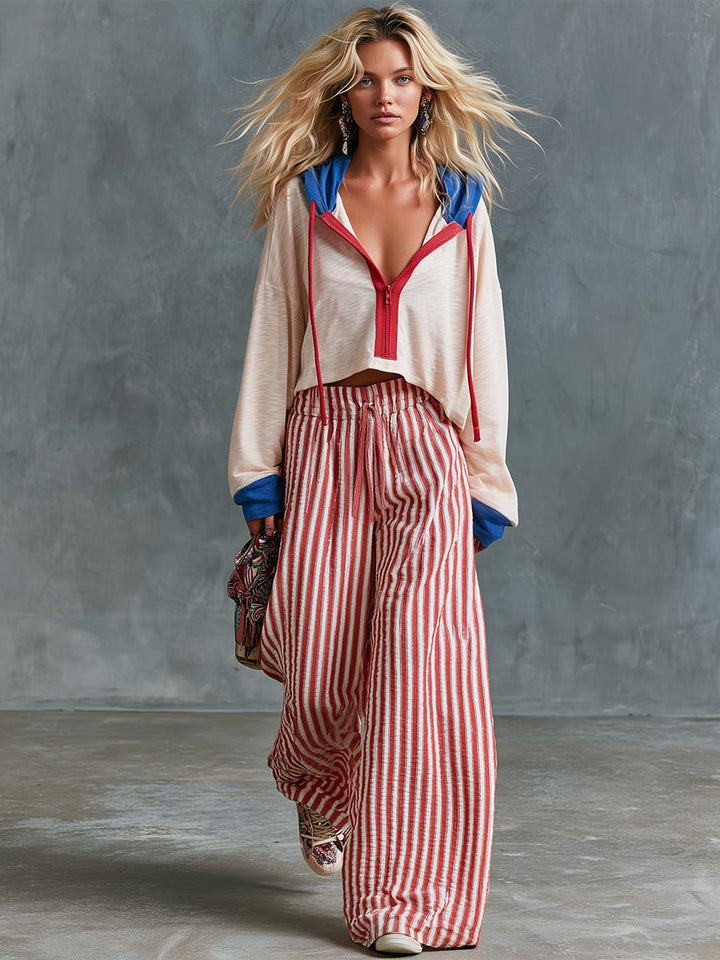 Henrike - Lässiges Hosen-Ensemble Retro aus Leinen gestreift mit V-Ausschnitt und Kapuze mit Linie feminin