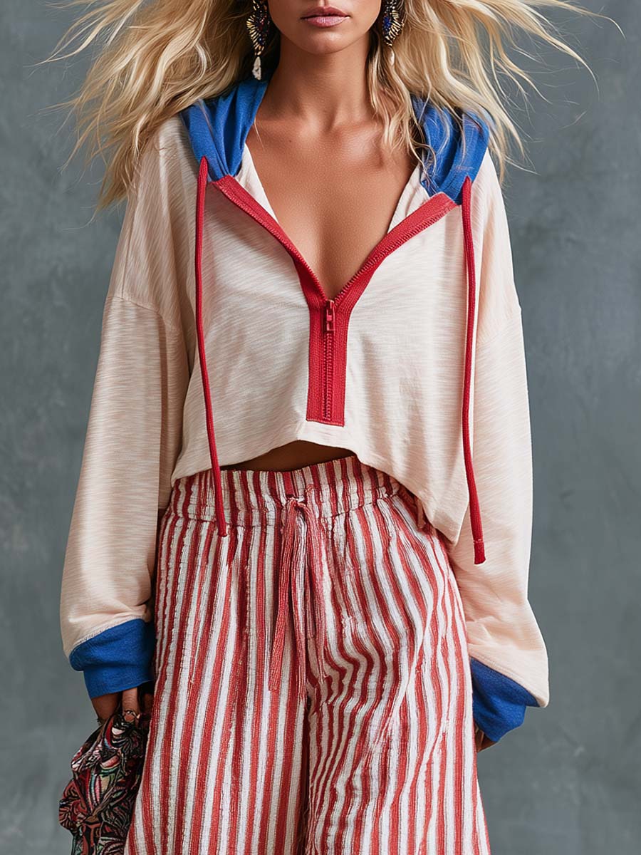 Henrike - Lässiges Hosen-Ensemble Retro aus Leinen gestreift mit V-Ausschnitt und Kapuze mit Linie feminin
