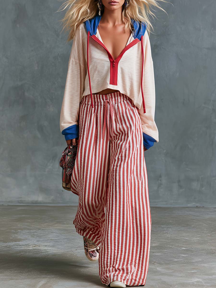 Henrike - Lässiges Hosen-Ensemble Retro aus Leinen gestreift mit V-Ausschnitt und Kapuze mit Linie feminin