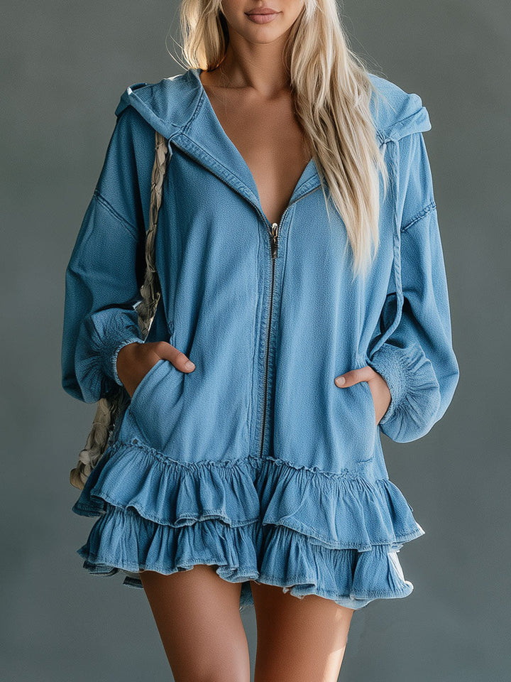 Gesa - Minikleid sportlich im Retro-Stil aus Jeansstoff mit Reißverschluss und Volants