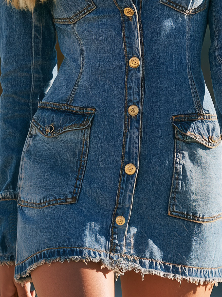 Sabrina - Minikleid Western im Retro-Stil aus Jeansstoff mit V-Ausschnitt und Taschen